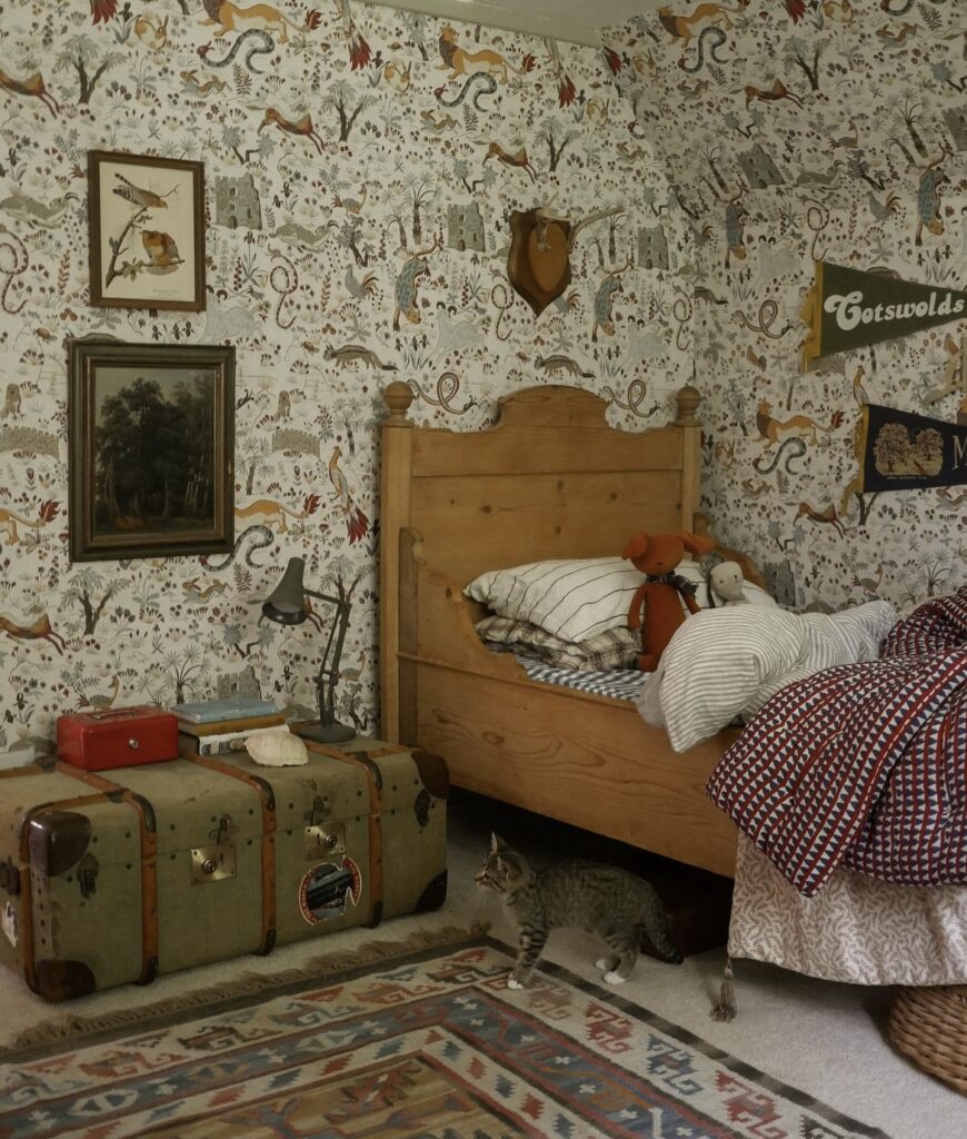 A patterned bedroom.