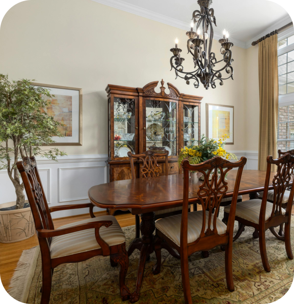 A vintage living room with wooden furniture.