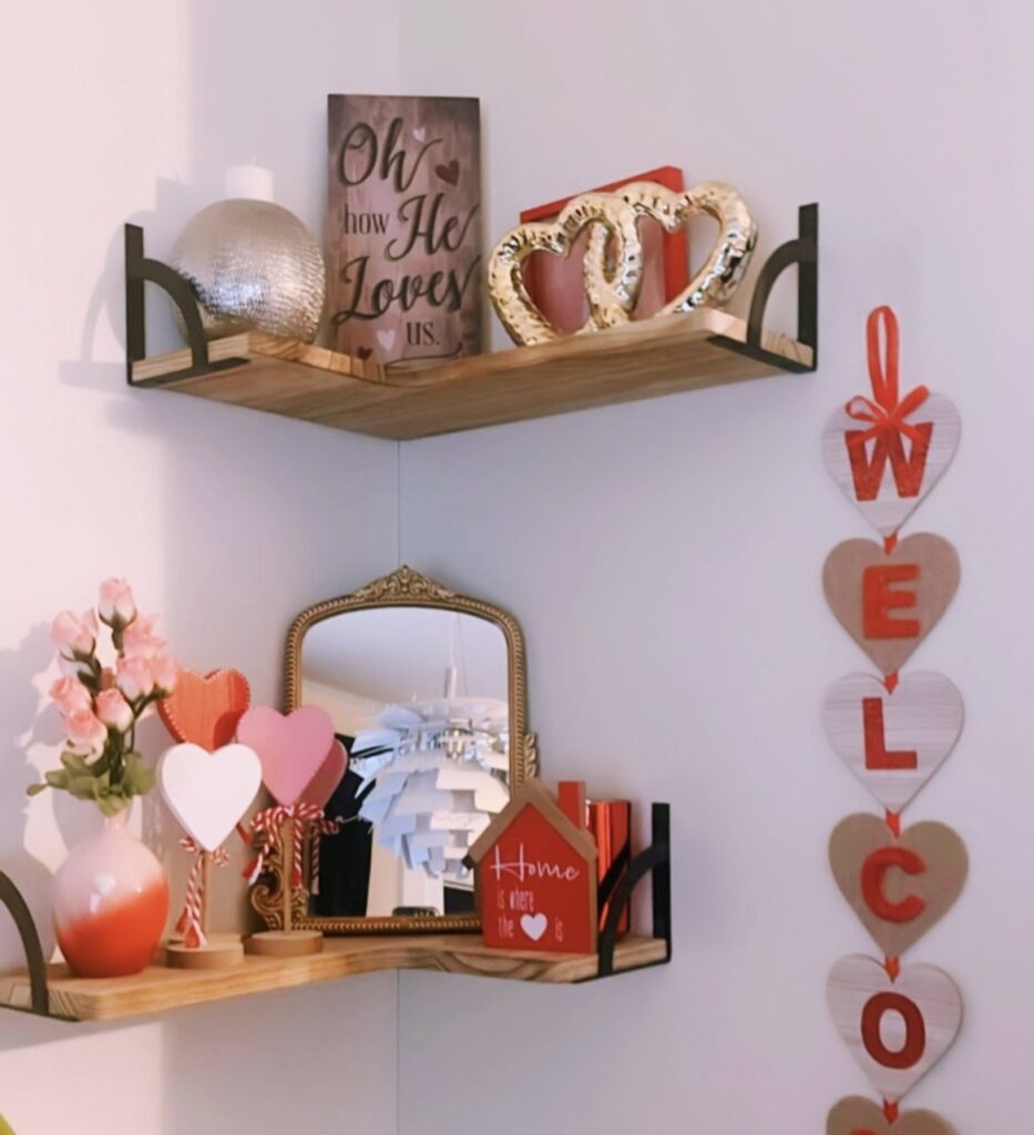 Floating shelves filled with heart figurines.