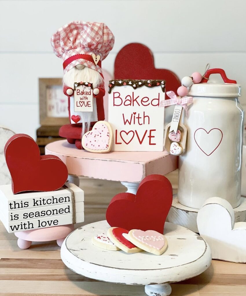 A Valentine gnome with heart cutouts and canisters.