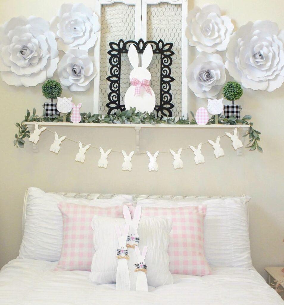 A rabbit garland in a bedroom.