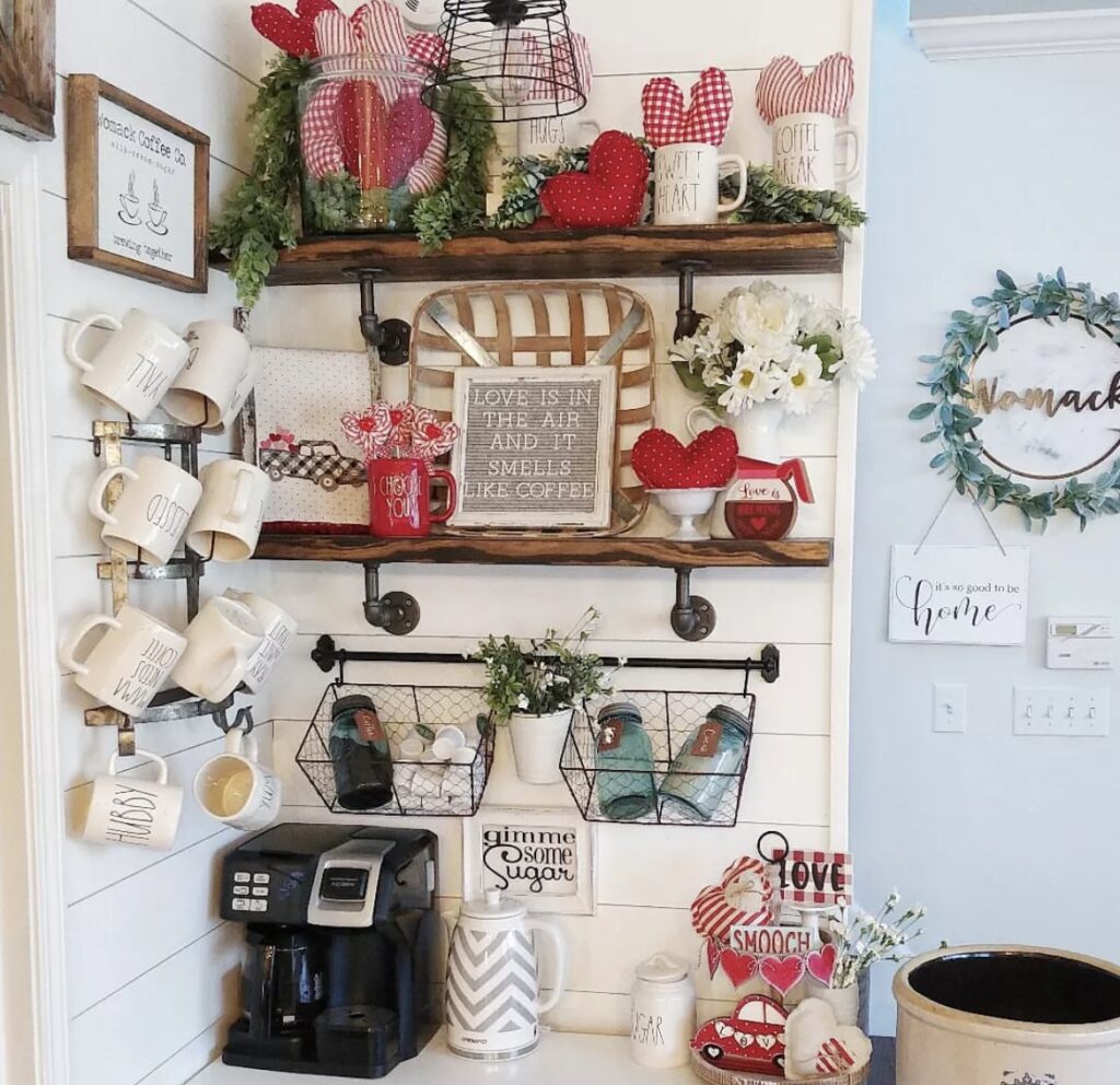 Valentine hearts on shelves in a kitchen.