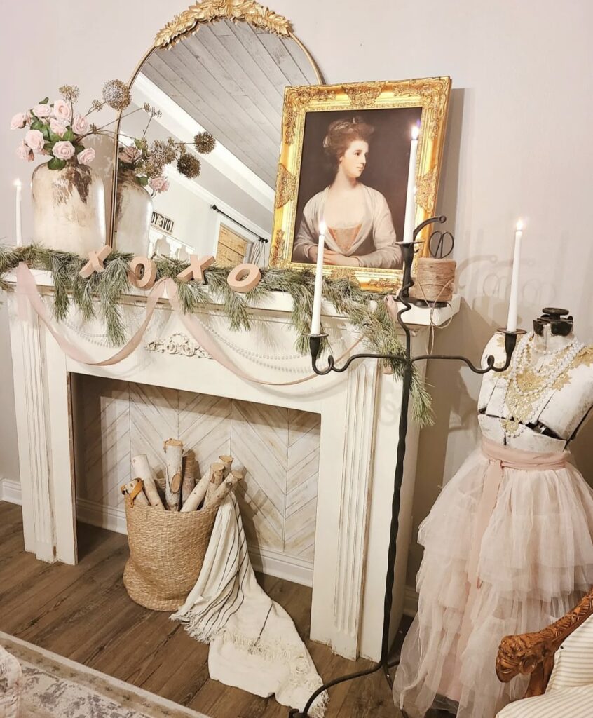 A mantel with a xoxo sign and antique items.