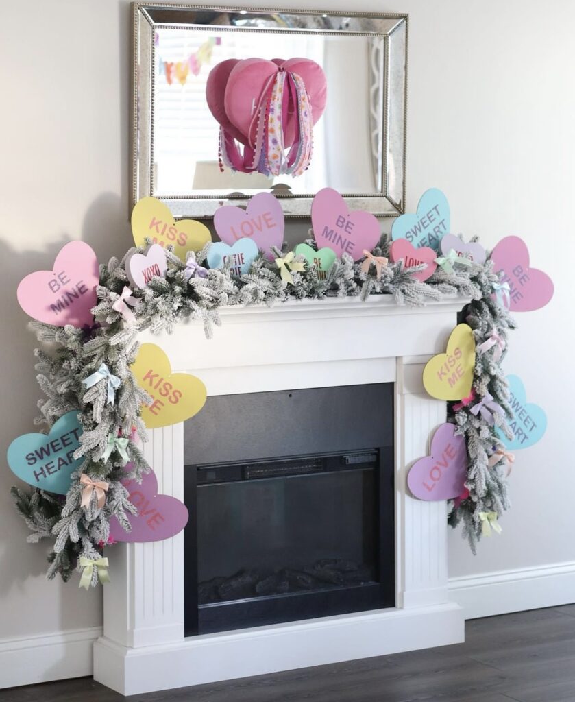 A mantel with paper heart cutouts.