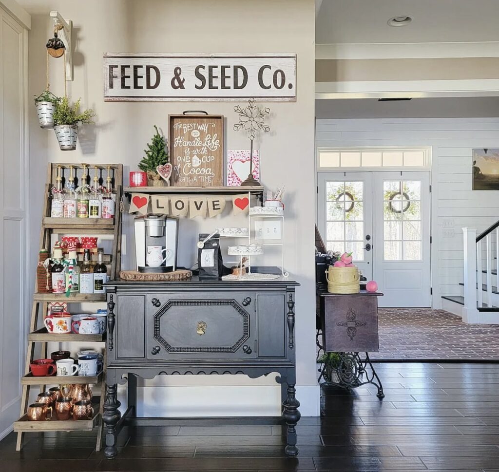 A coffee bar with a love banner.