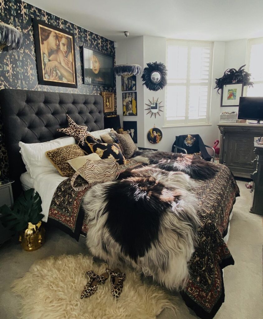 A bedroom with textured blankets.