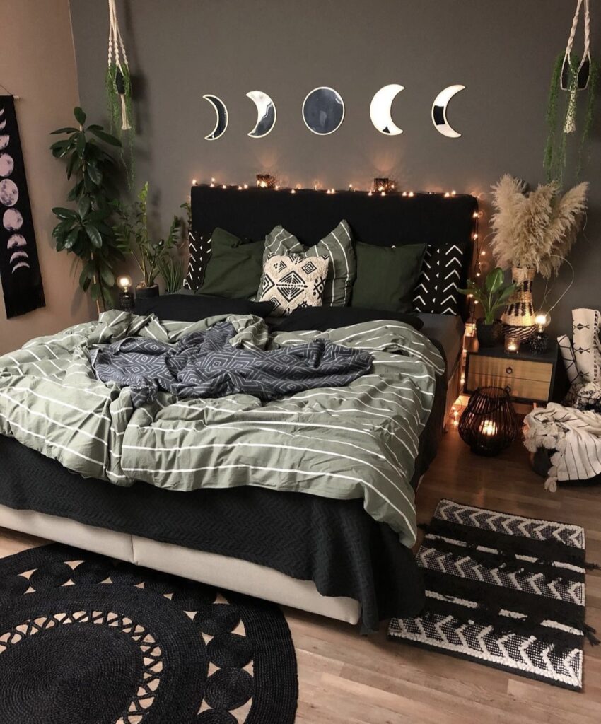 A bedroom with moon mirrors.