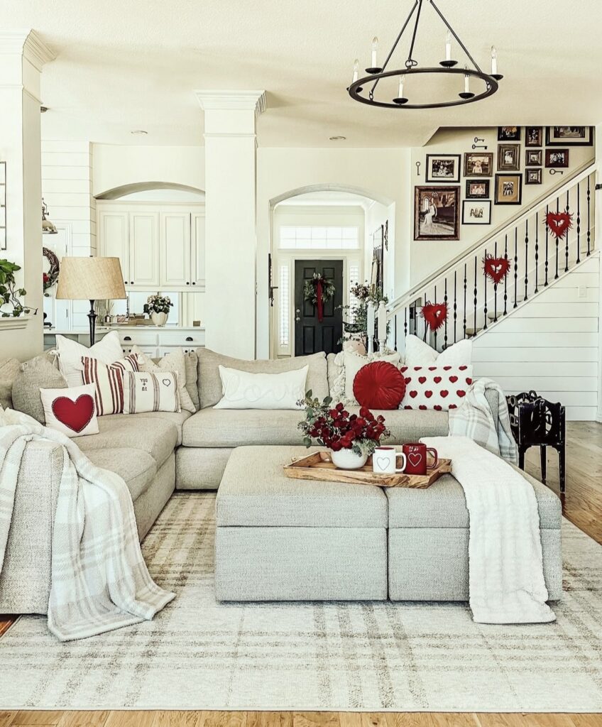 Red heart wreaths on the balusters.