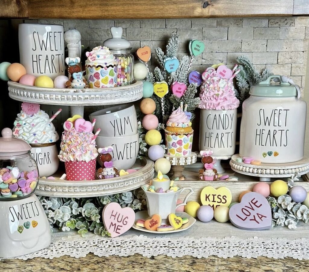 Yummy figurines such as cupcakes, Valentine canisters and mugs, and heart cutouts.