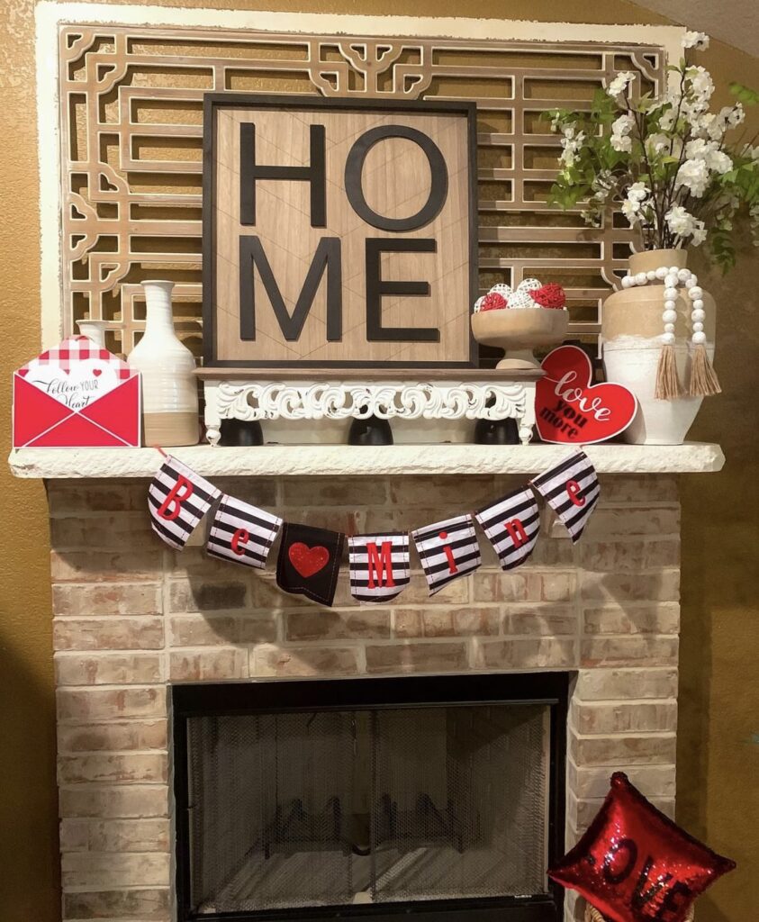 A mantel with a Valentine letter and signs.