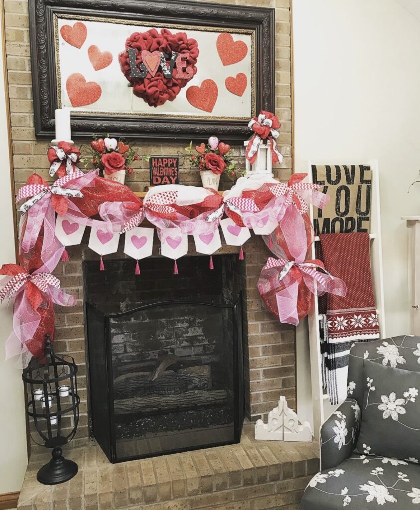 A mantel with a Valentine lace garland.