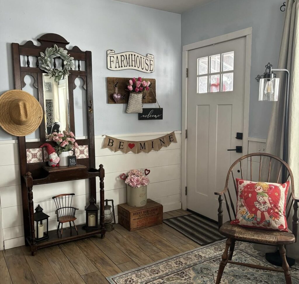 A Valentine entryway with a "be mine" garland.