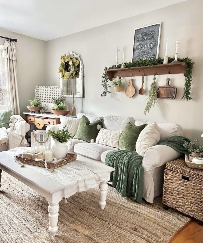 A spring living room with greenery.