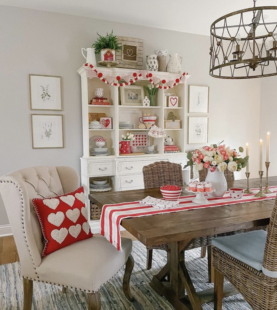 Valentine garlands on a shelf in a living room.