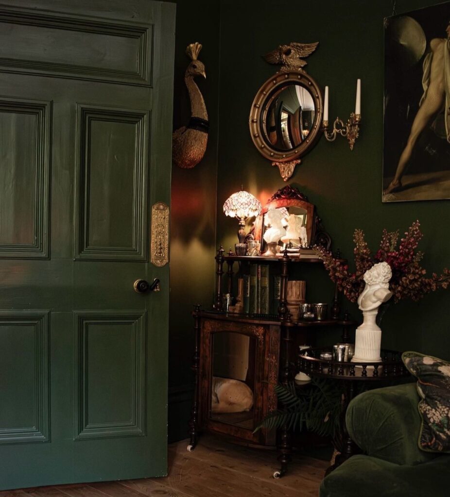 A dark green bedroom.