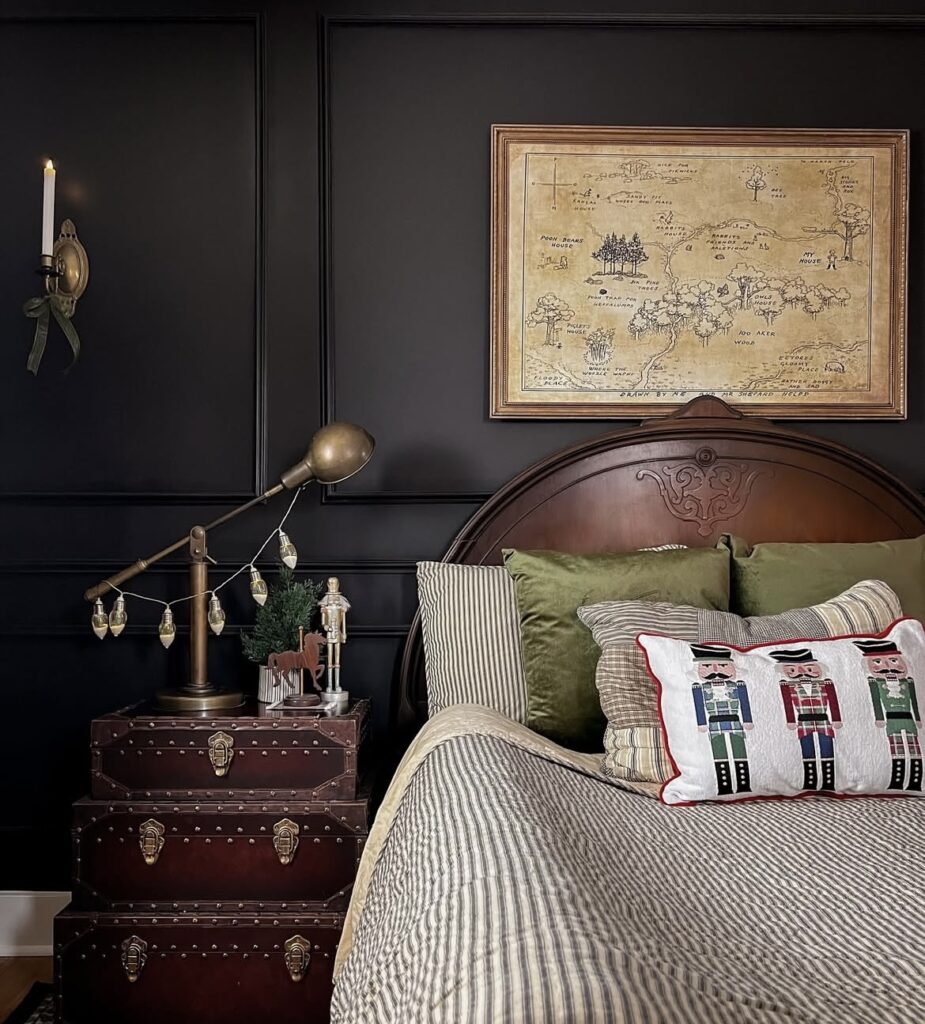 A bedroom with vintage furniture and Christmas decor.