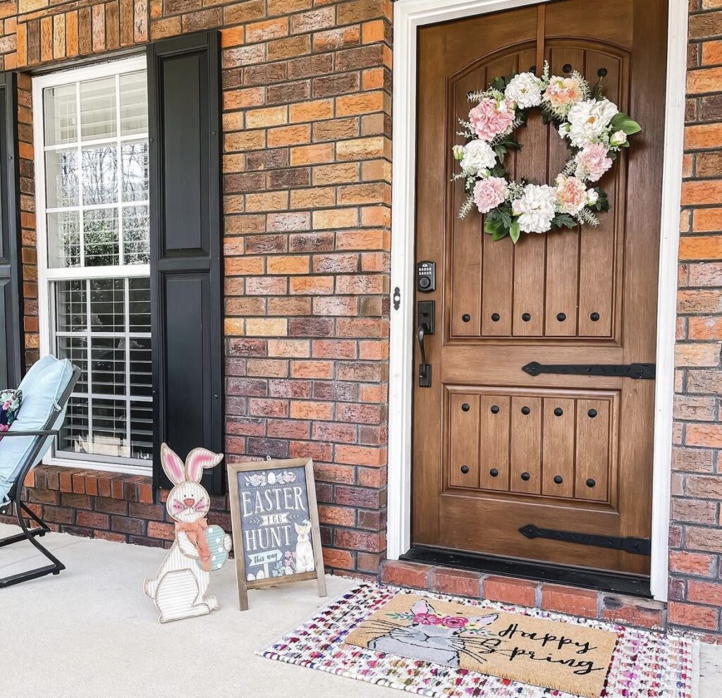 An Easter doormat on a front porch.