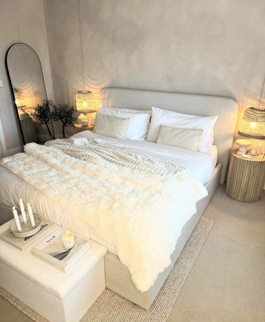 A modern bedroom with textured bedding.