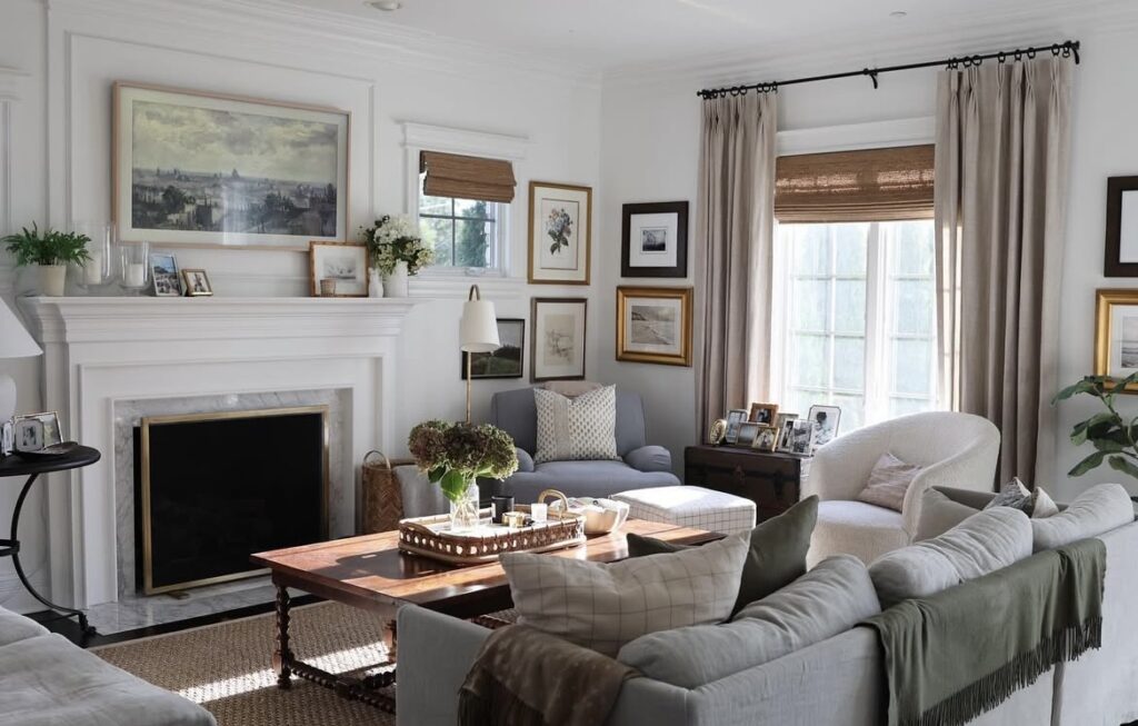 A classic living room with elegant curtains.