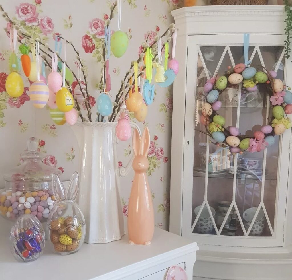 An Easter wreath on a cabinet door.