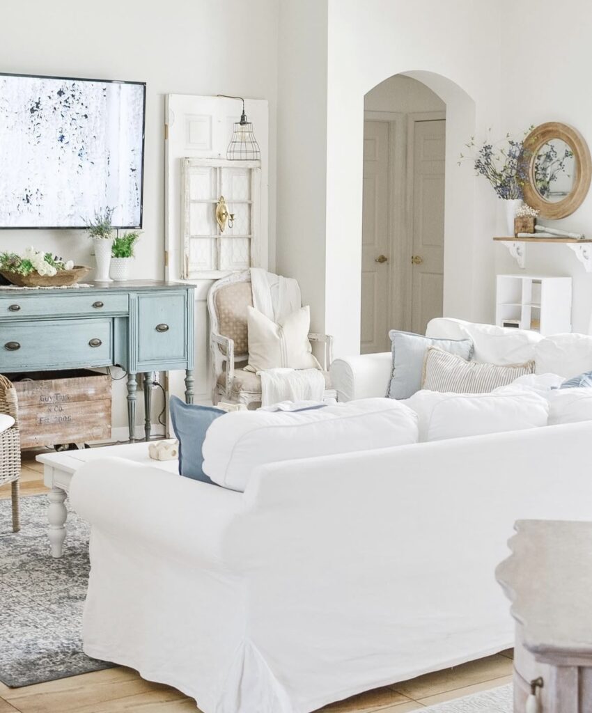 A classic living room with a large sofa.