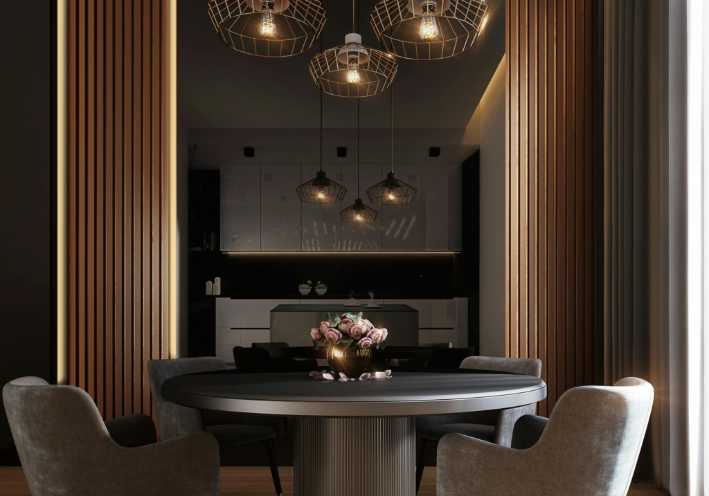 A dark kitchen with modern furniture.