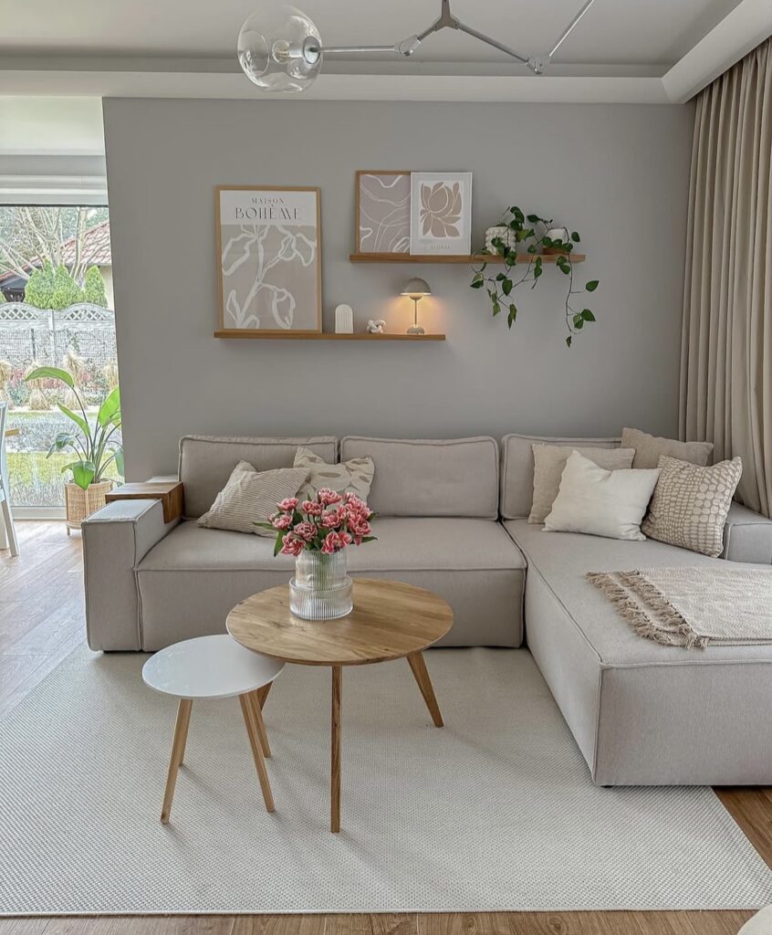 A modern living room with cozy pillows.