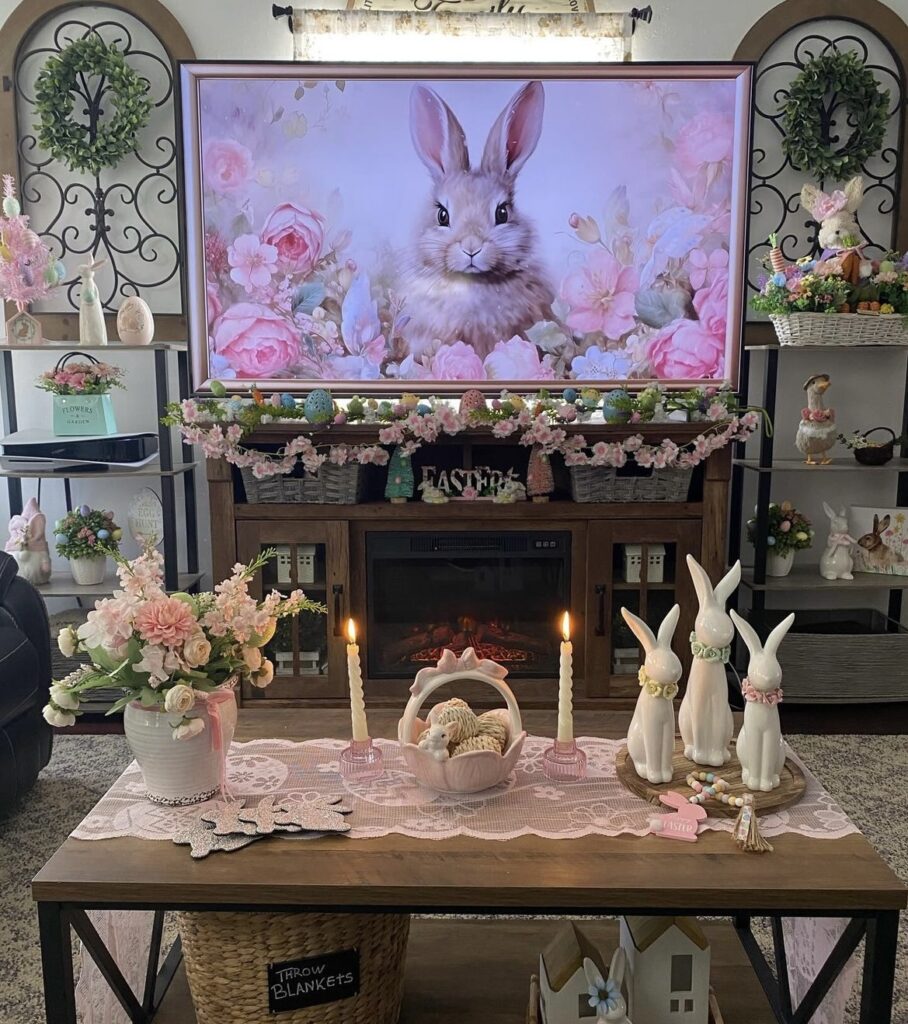 Easter garlands, rabbit figurines and spring flowers in a living room.