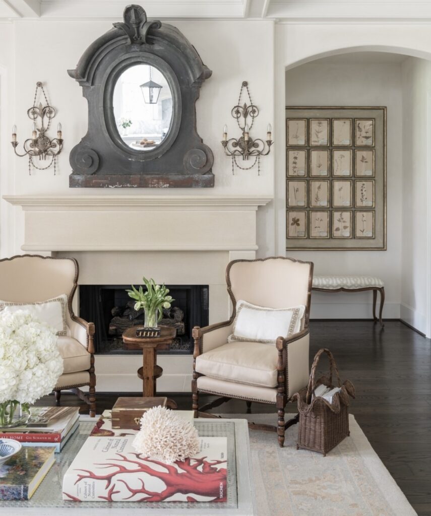 A traditional living room with wooden and stone furniture.