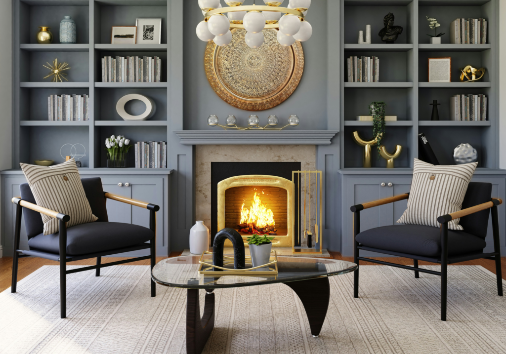 A modern living room with gray build in shelves.