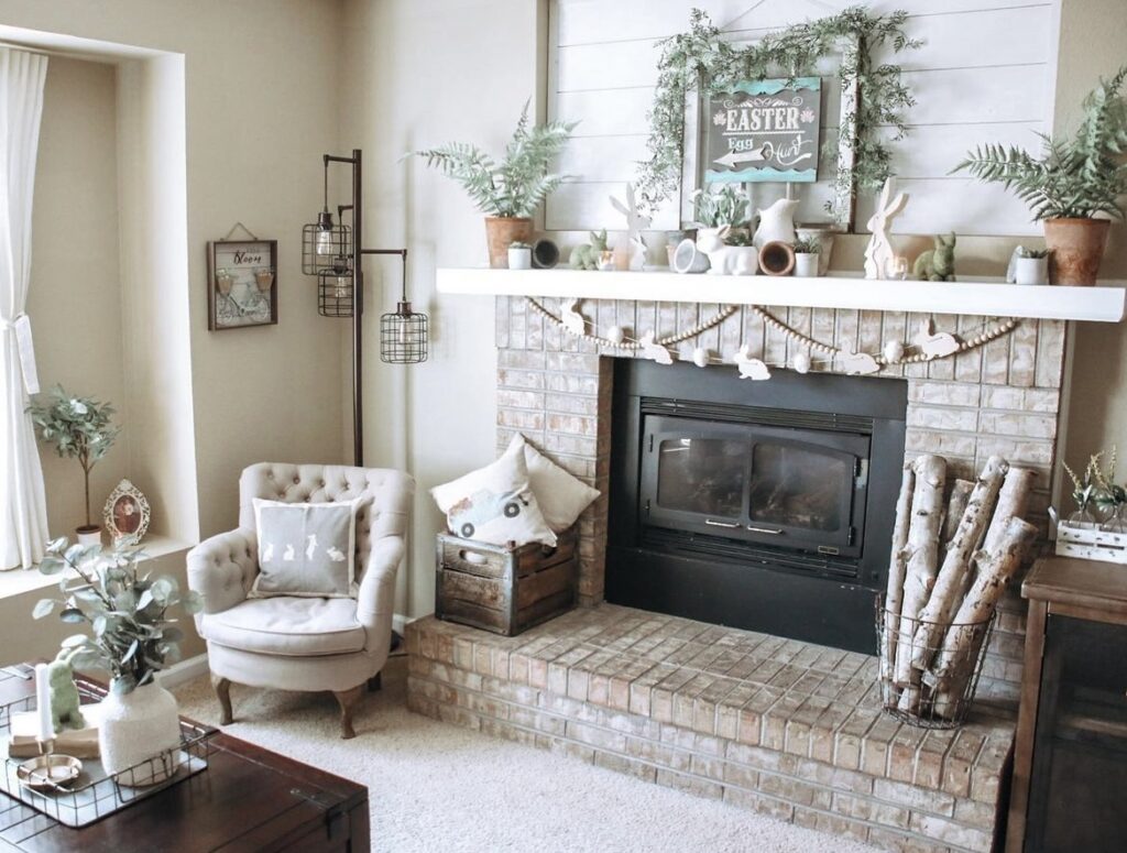 Rabbit figurines on a mantel.