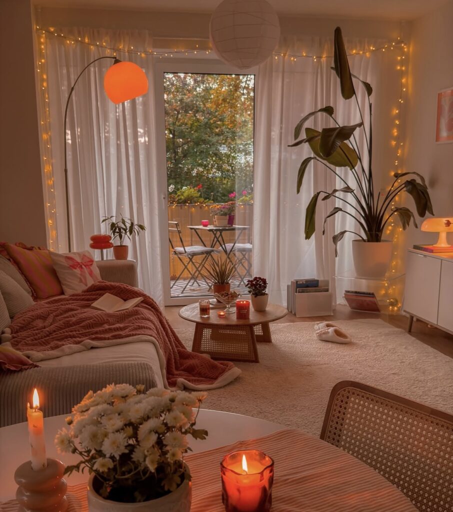 A modern living room with warm orange lights.