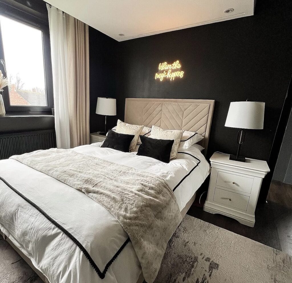 A modern bedroom with black walls.