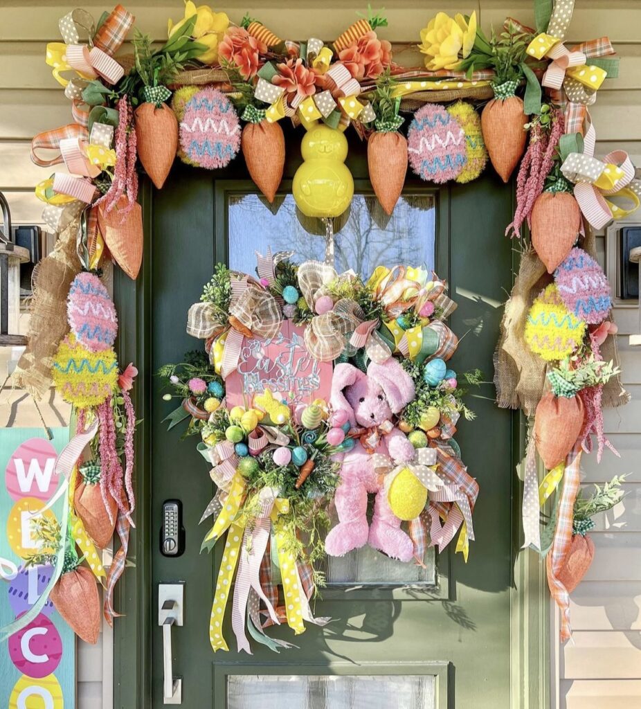 A maximalist garland for Easter made of fake carrots and Easter eggs.