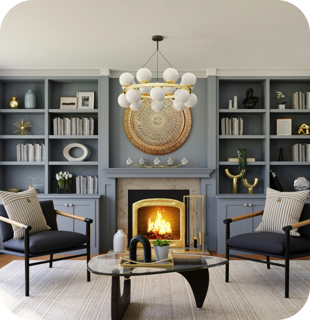 A modern living room with gray build in shelves.