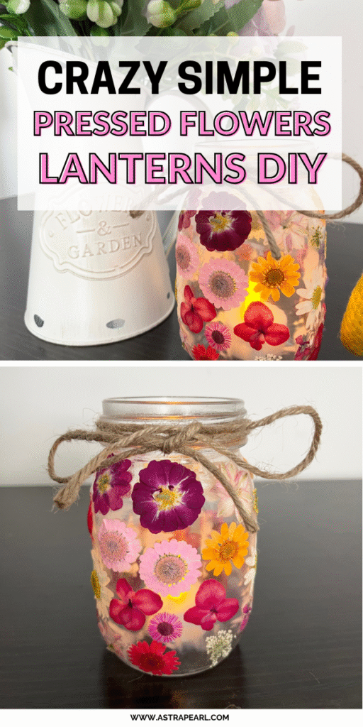 Pinterest Pin for pressed flowers lantern DIY.