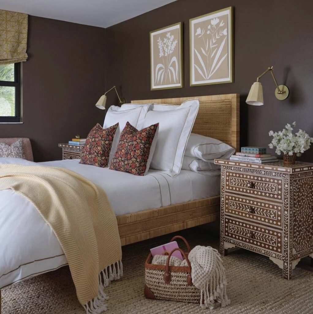 A patterned nightstand with flowers.