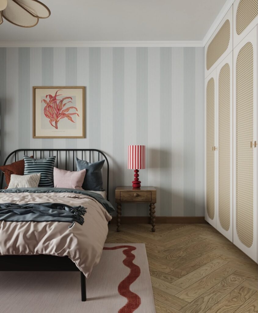 A retro bedroom with multiple patterns.