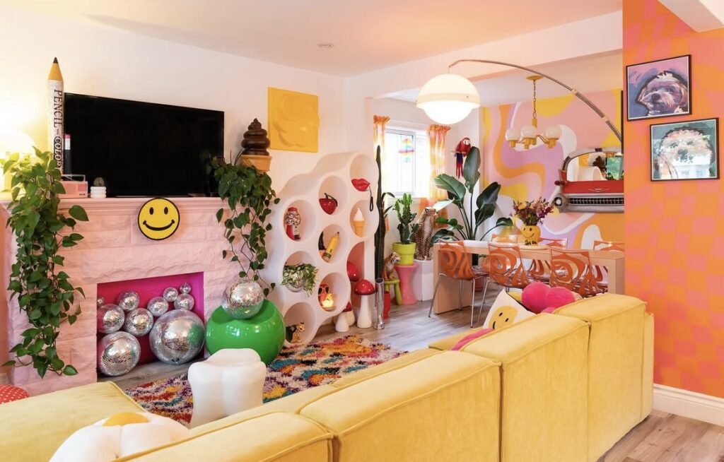 A pink and yellow living room.