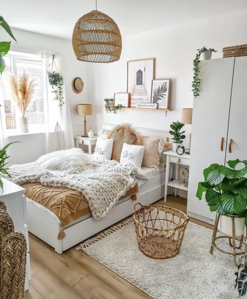 A bohemian bedroom with plants and woven accessories.