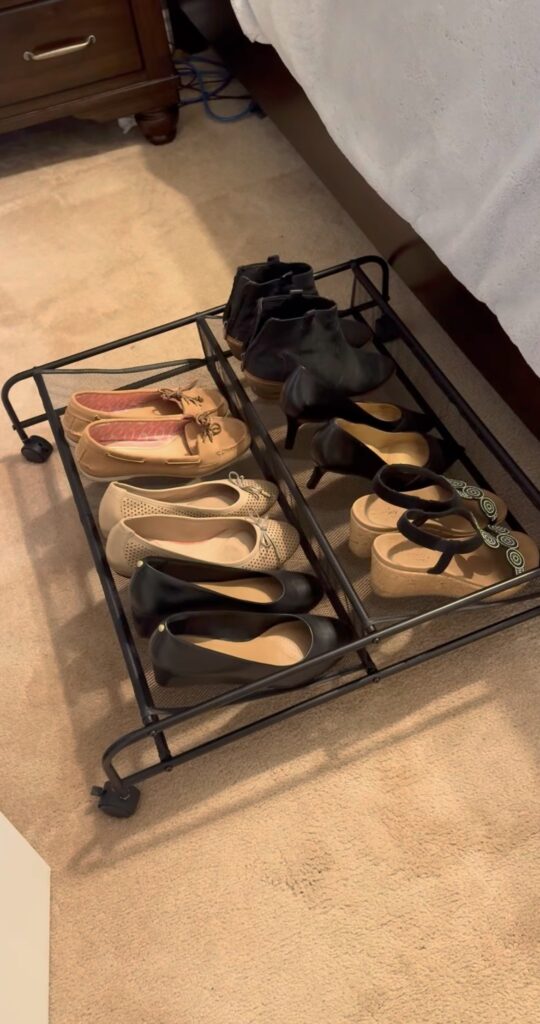 A black under-bed shoe storage box.