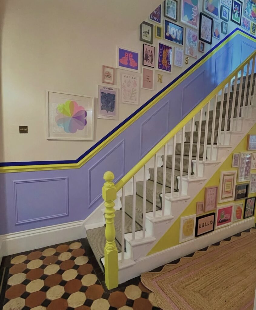Purple and yellow stairs.