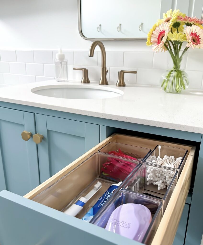A drawer filled with clear organizers.