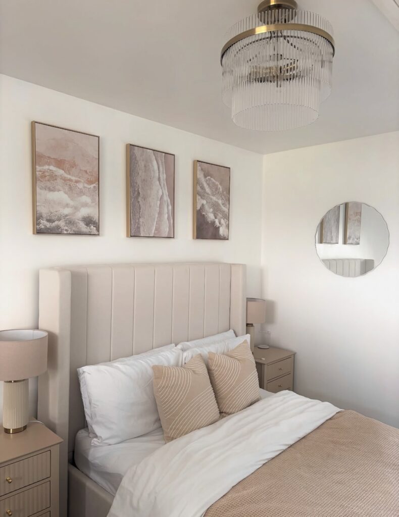 A muted pink minimalist bedroom.