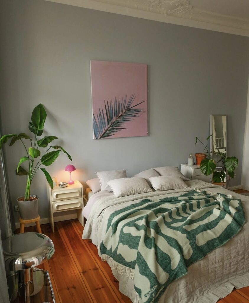 A tropical themed bedroom with retro touches.