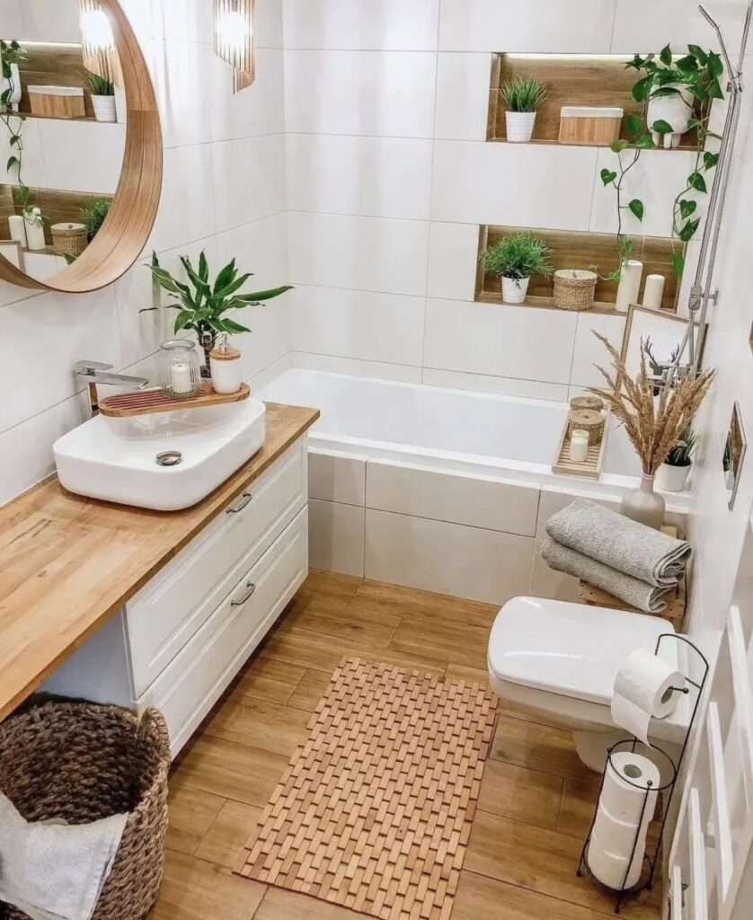 A modern bathroom with shelves inside the wall.