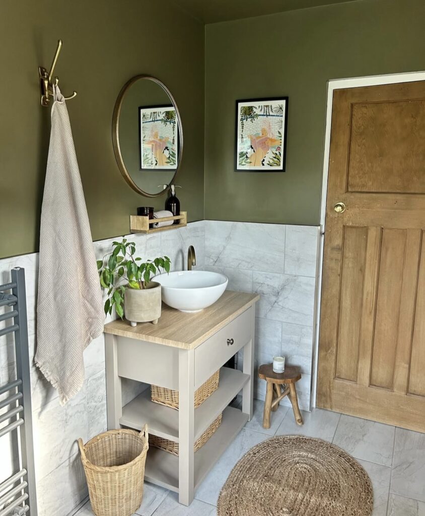 A modern bathroom with storage baskets.