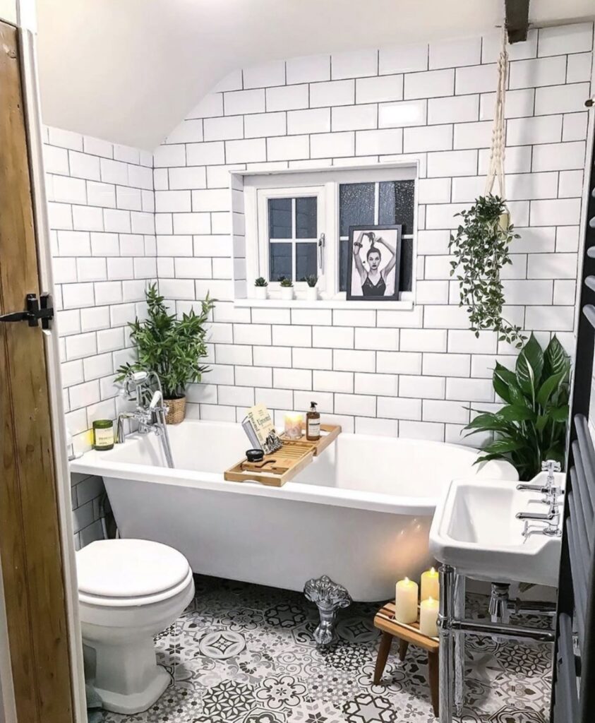 A modern bathroom with a bathtub and a bath tray.