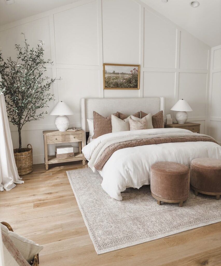A minimalist bedroom with a small tree.