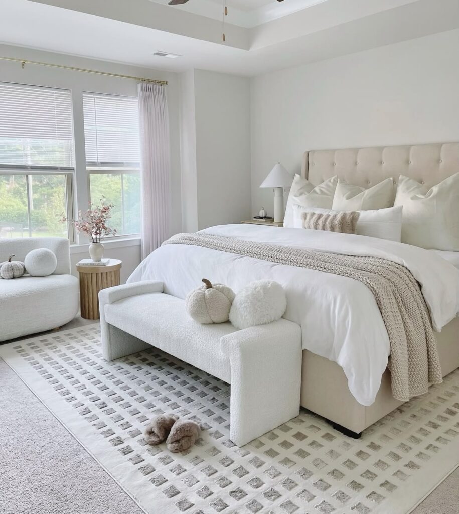 A minimalist bedroom with white and beige shades.